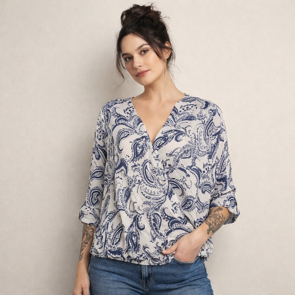 F&F Paisley Bubble Hem Blouse Blue White Size 18 Casual Collection